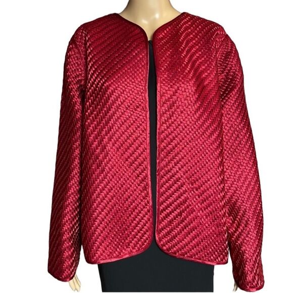 Chico’s Red Satin Travelers Open Front Basket Weave Boxy Jacket Topper 1 M - Picture 5 of 12